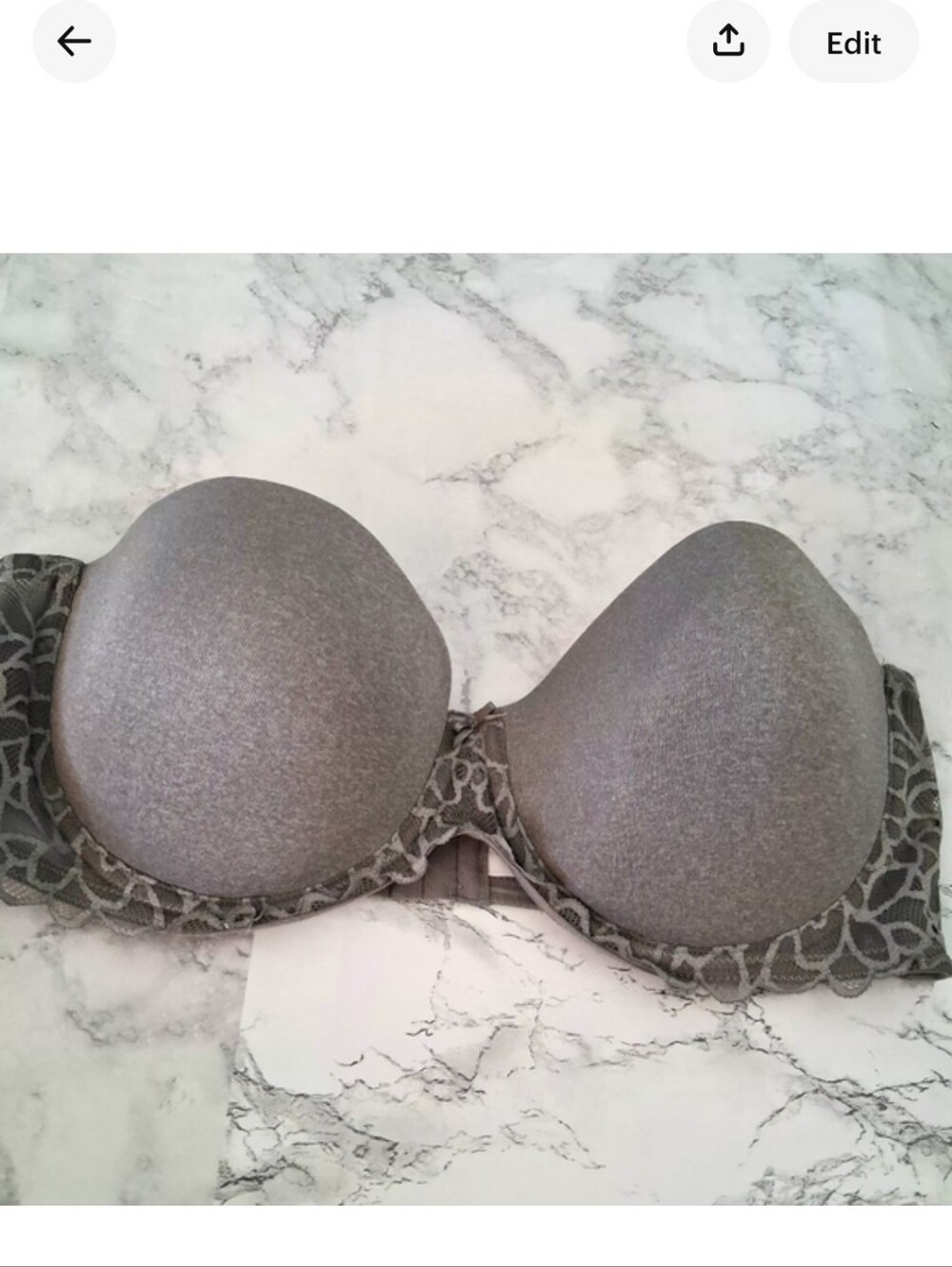 SO 38C Gray Lace Trim Wired Padded Strapless Bra